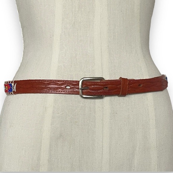 Grand Canyon Beaded Faux Leather Belt Colorful Brown Souvenir Silver Tone Buckle - Picture 2 of 5
